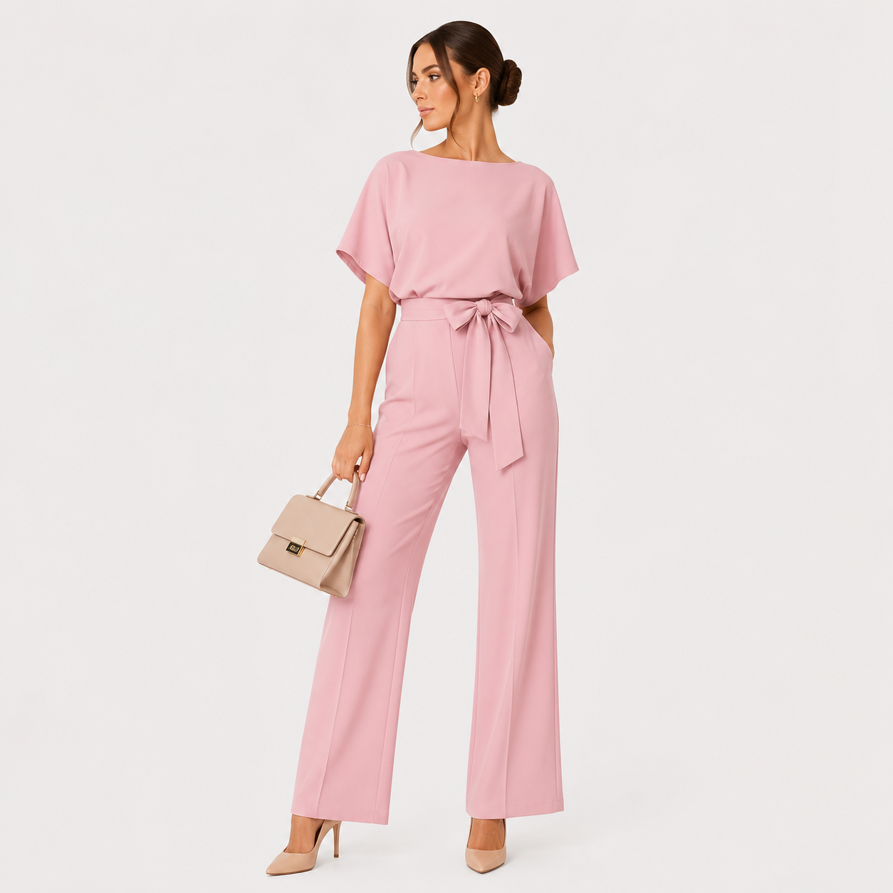A woman modeling a dusty pink two-piece set consisting of a short-sleeve top and matching wide-leg trousers with a tie waist, holding a beige handbag against a plain white background.