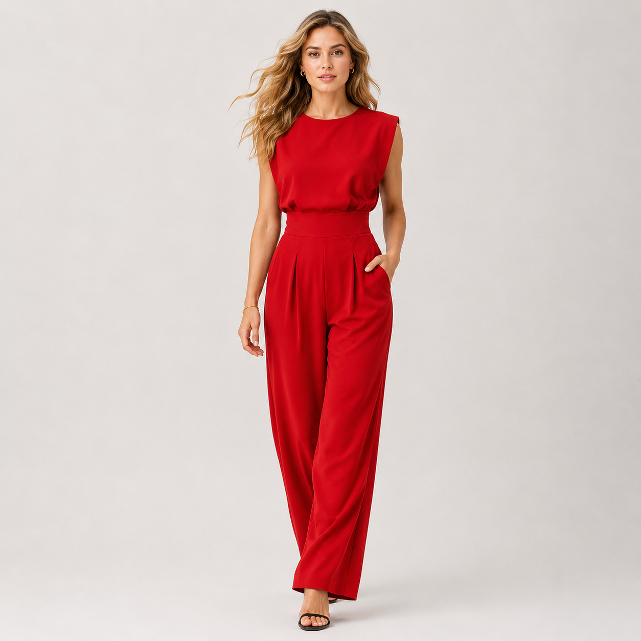 A woman modeling a bright red sleeveless jumpsuit with a high-waisted, wide-leg design, photographed against a neutral light gray studio background.