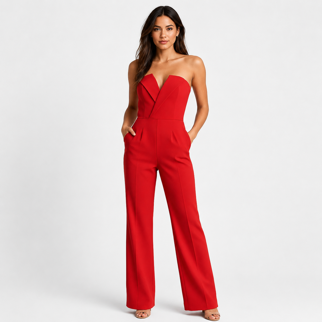 A woman modeling a bright red strapless jumpsuit with a wrap-style bodice and wide legs, standing against a clean light gray studio background.
