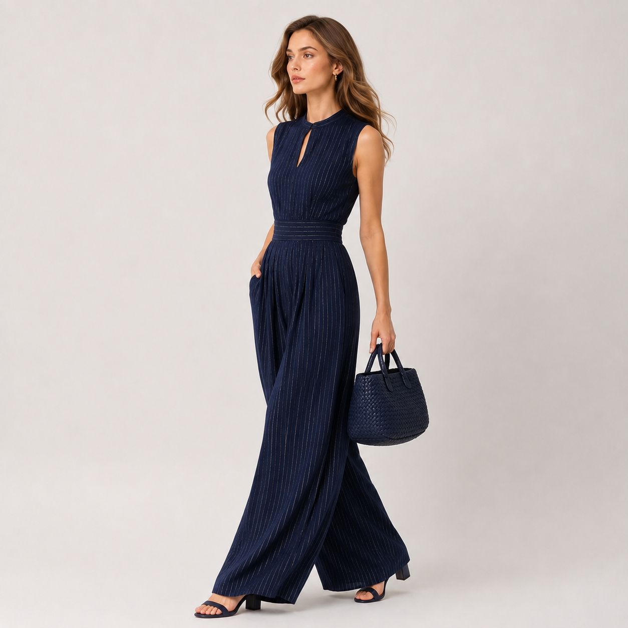 A woman models a sleeveless navy blue jumpsuit with a keyhole cutout at the chest, side pockets, and wide legs. She is holding a matching navy blue woven handbag and wearing dark heeled sandals against a light gray studio background.