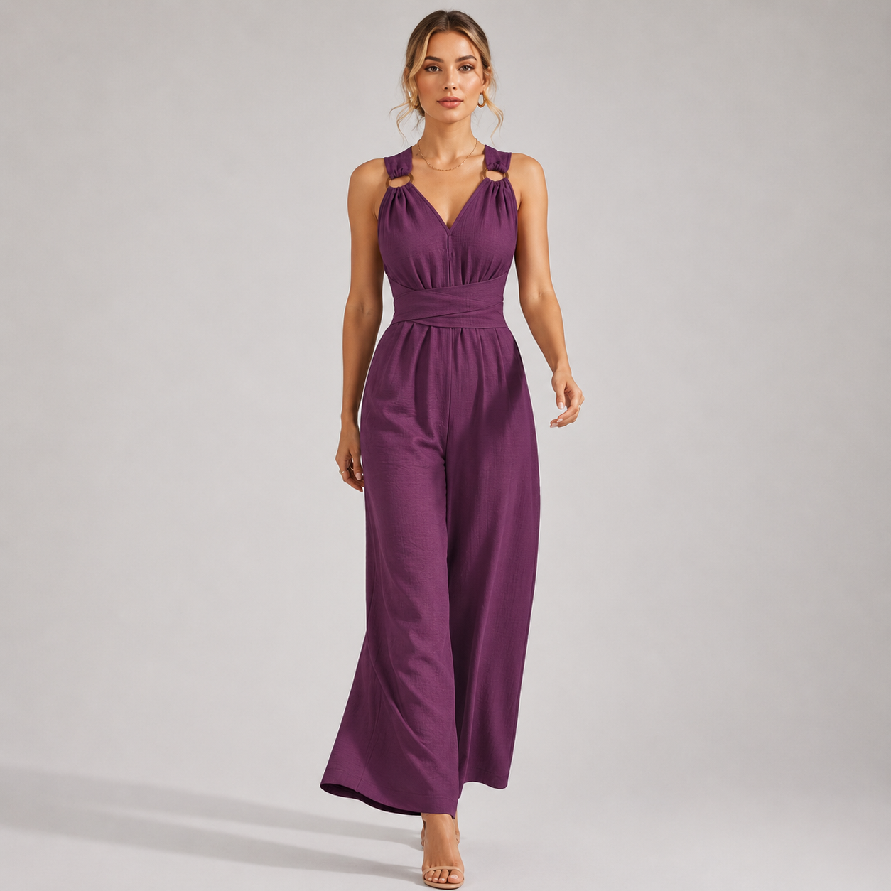 Women's Halter Jumpsuit Backless V Neck Wide Leg