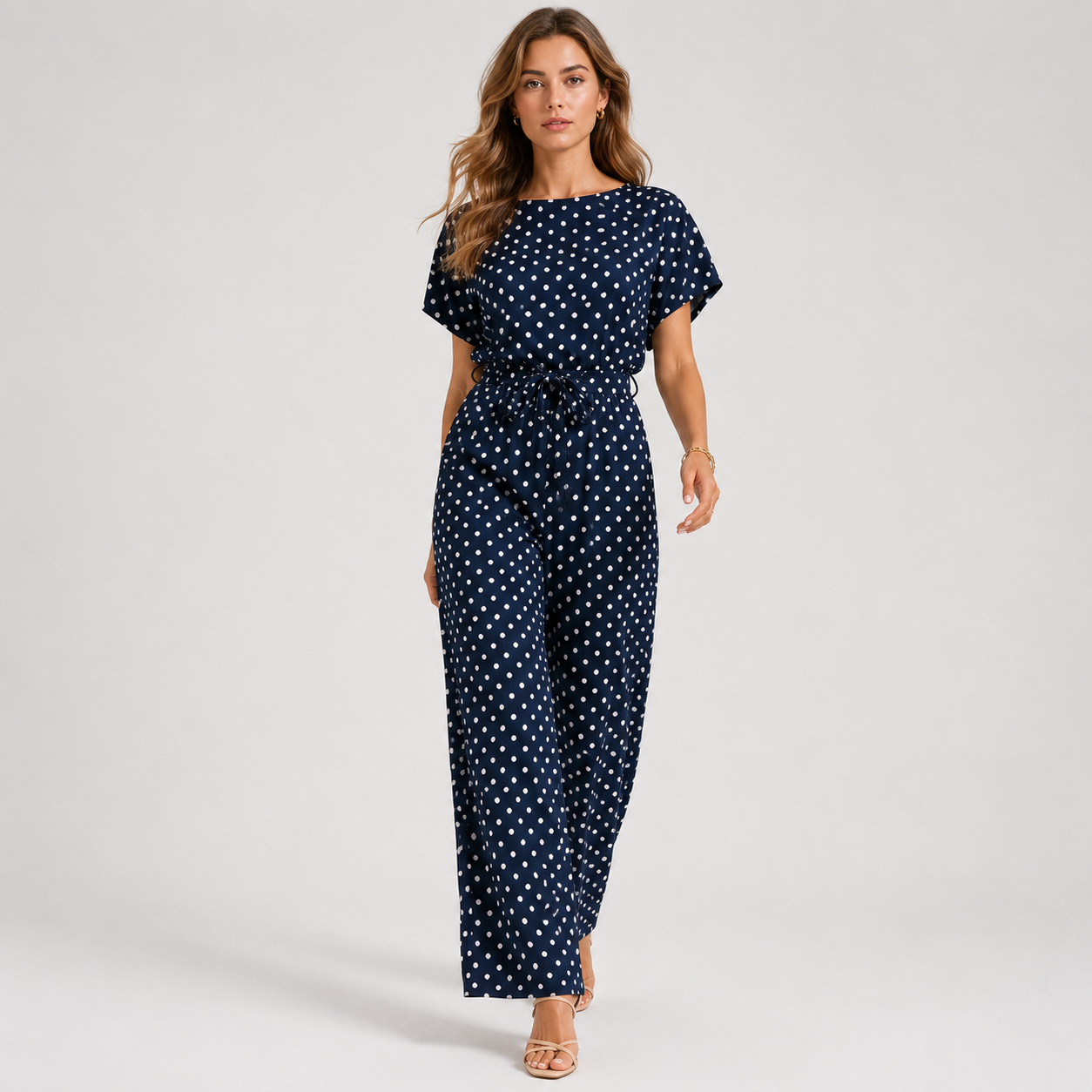 A woman modeling a navy blue jumpsuit with a white polka dot pattern, featuring short flutter sleeves, a boat neckline, and a drawstring waist, set against a plain light gray studio background.