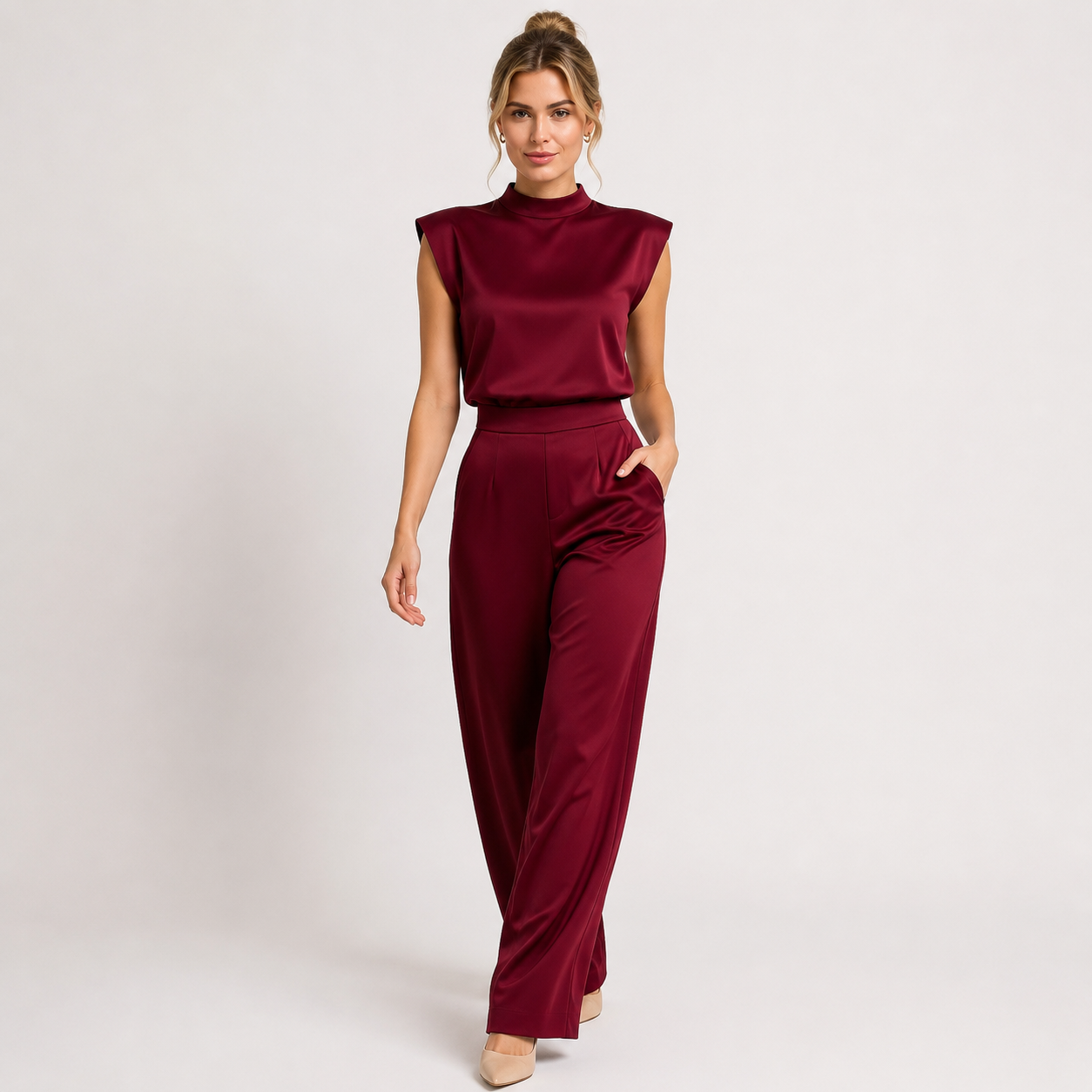 A woman modeling a two-piece satin jumpsuit in deep burgundy, featuring a sleeveless mock neck top and matching wide-leg trousers, set against a plain light gray studio background.