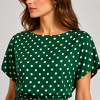 A close-up of a woman wearing a green short-sleeve top with a white polka dot pattern, set against a plain light gray background.