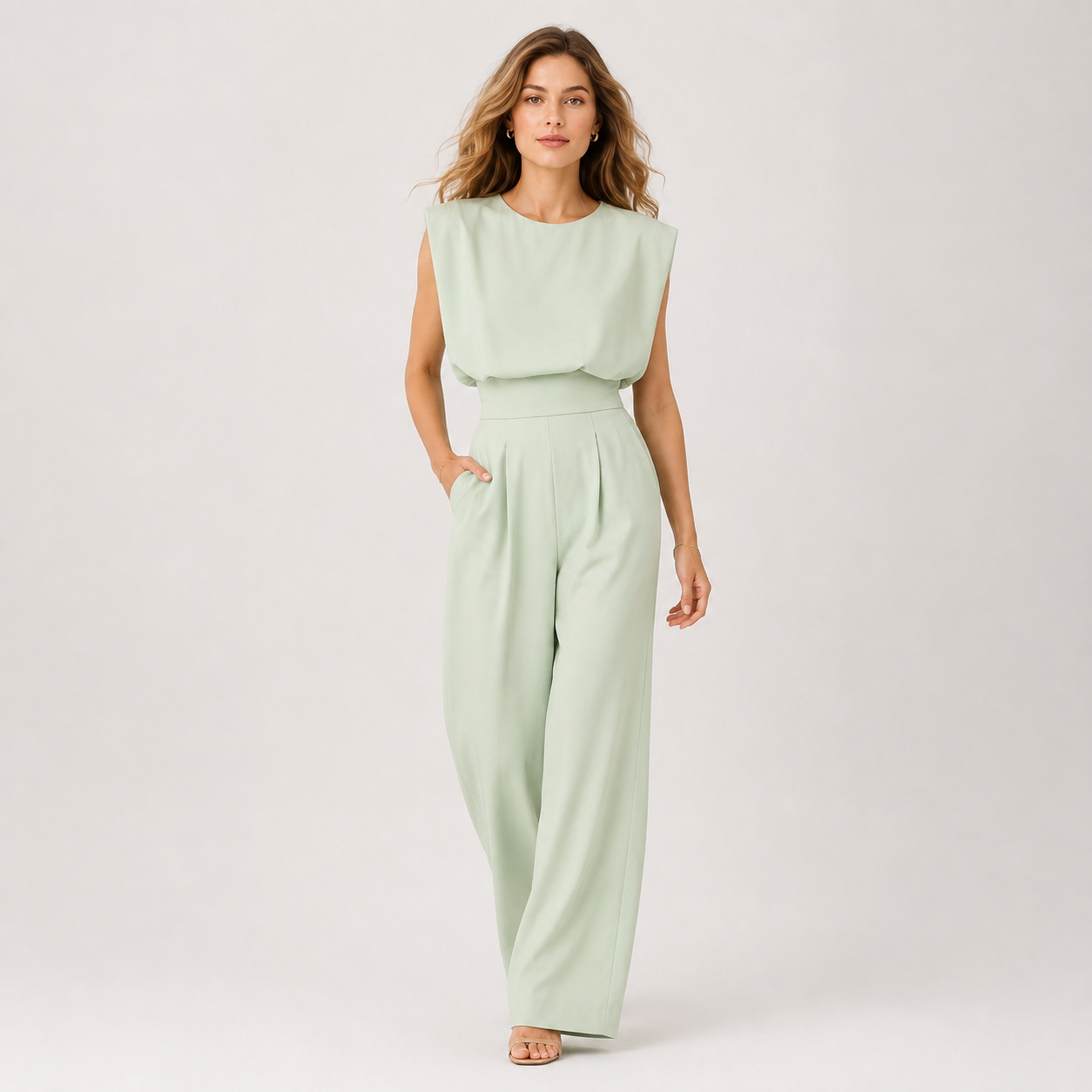 A woman modeling a light sage green sleeveless jumpsuit with a structured draped bodice and wide legs, standing against a plain light gray studio background.