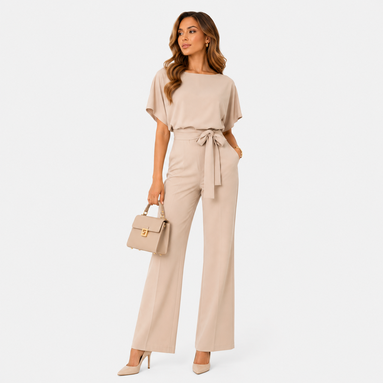 A woman models a beige short-sleeve jumpsuit with a tie waist, paired with a matching beige handbag and nude heels, against a plain white studio background.