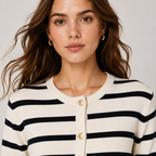 A close-up of a woman wearing a cream-colored knit cardigan with navy blue horizontal stripes and gold buttons. She is also wearing small gold hoop earrings, set against a plain light gray background.