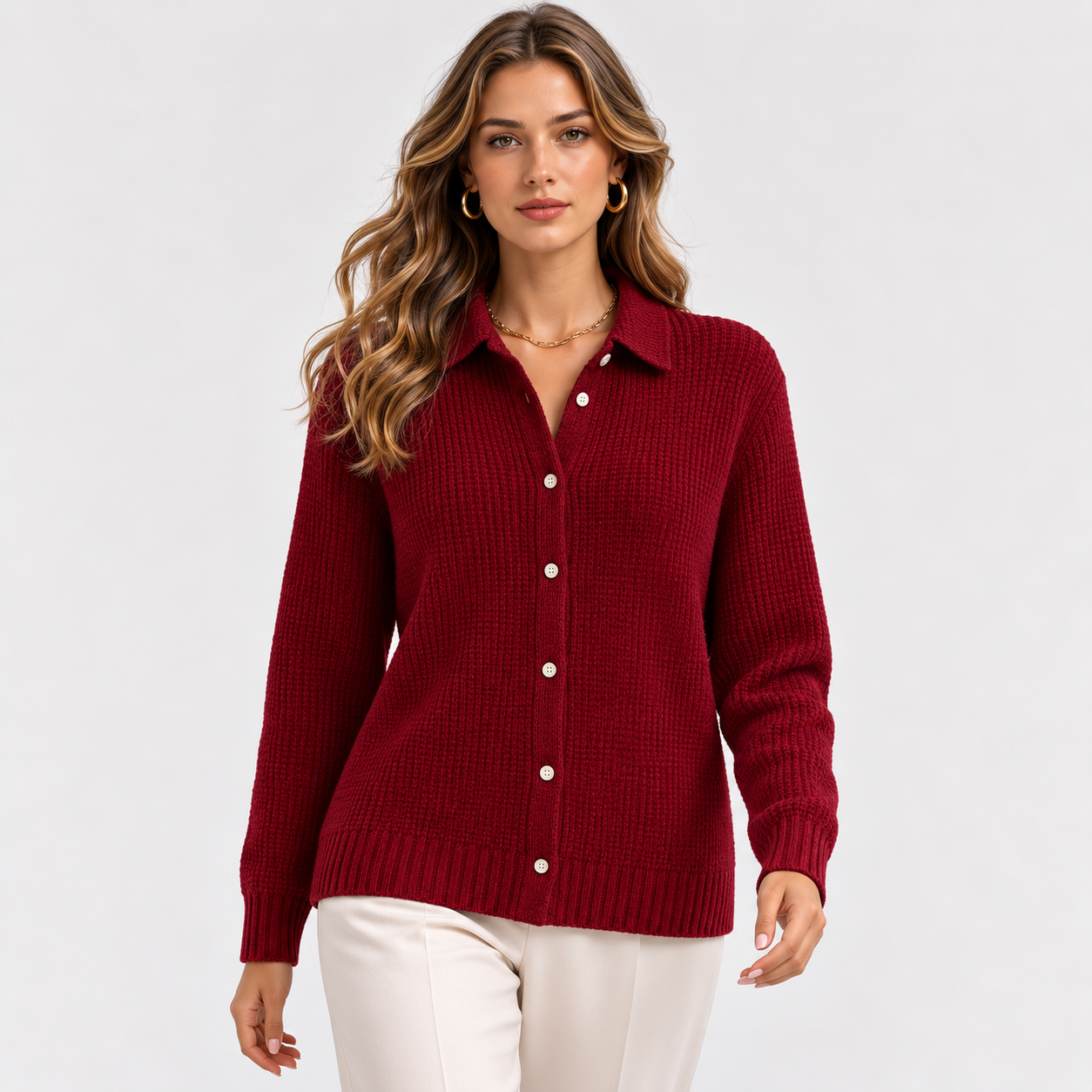 A woman wearing a textured knit button-up sweater in deep burgundy red, paired with cream pants, photographed against a clean light gray studio background.