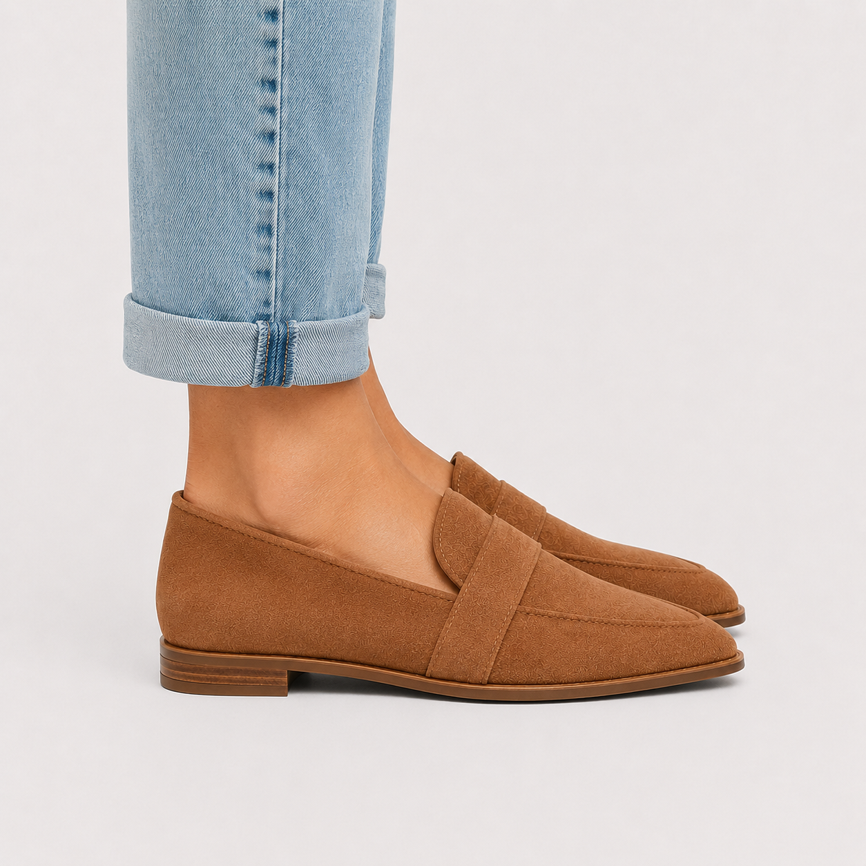 A pair of women's pointed-toe flat loafers in tan suede, shown on a model's feet with light blue cuffed jeans against a light gray studio background.