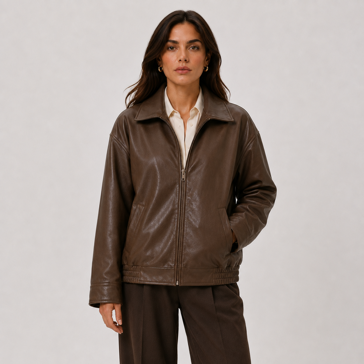 A woman modeling a dark brown faux-leather zip-up jacket over a cream collared shirt and dark brown trousers, photographed against a neutral light gray studio background.