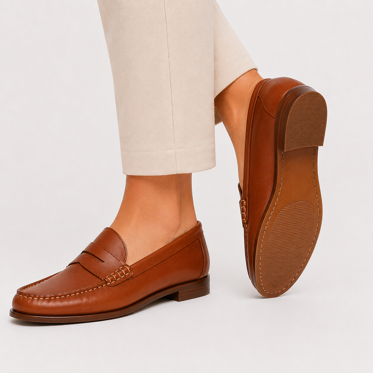 A pair of men's tan leather penny loafers shown on a model's feet, with one shoe angled to show the side and the other standing to display the sole, against a clean white background.