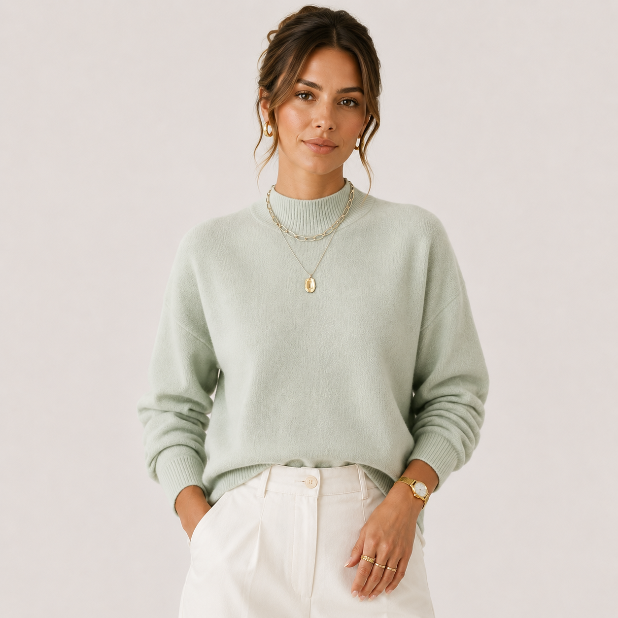 A woman wearing a light sage green mock neck knit sweater and white pants, accessorized with layered gold necklaces, rings, and a watch, against a solid pale pink background.