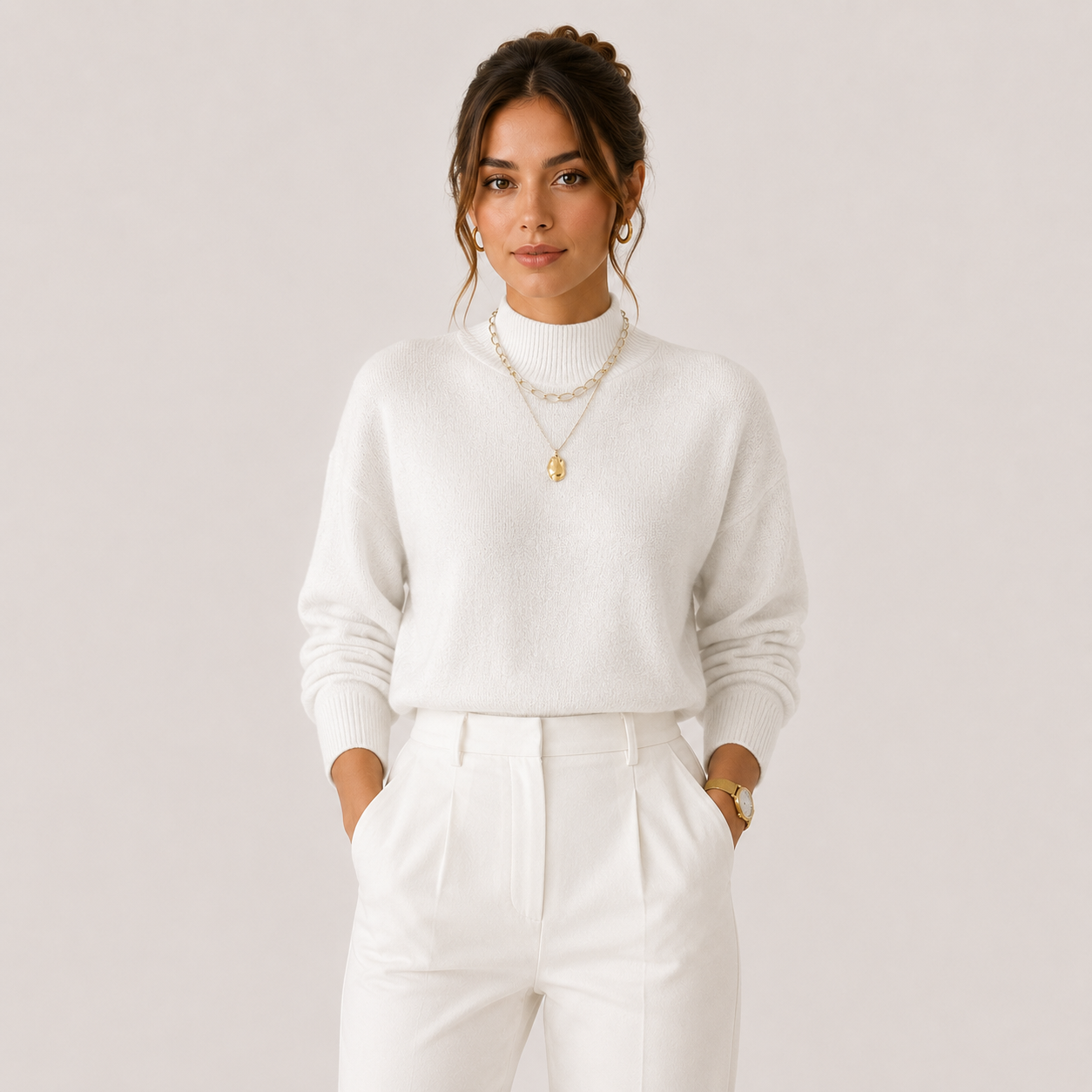 A woman wearing a white mock-neck knit sweater and white high-waisted trousers, accessorized with layered necklaces and a gold watch, standing against a solid light beige background.