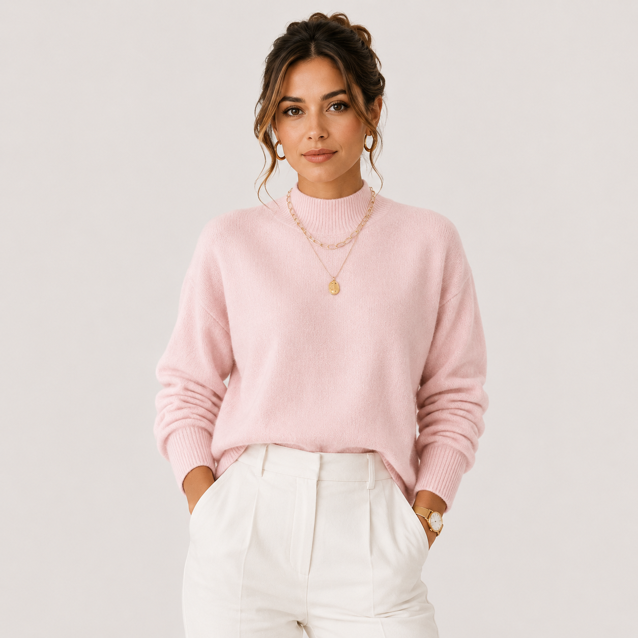 A woman wearing a light pink ribbed mock-neck sweater and white trousers, standing against a plain light gray studio background.