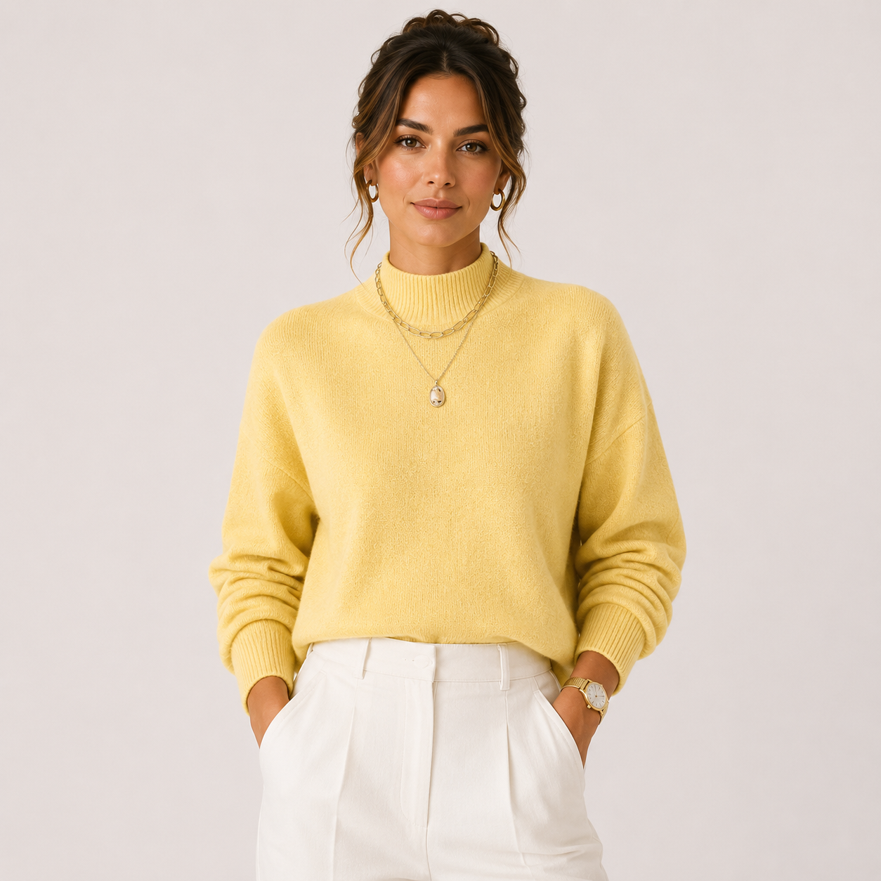 A woman wearing a pale yellow knit mock-neck sweater and white trousers, standing against a light gray studio background.