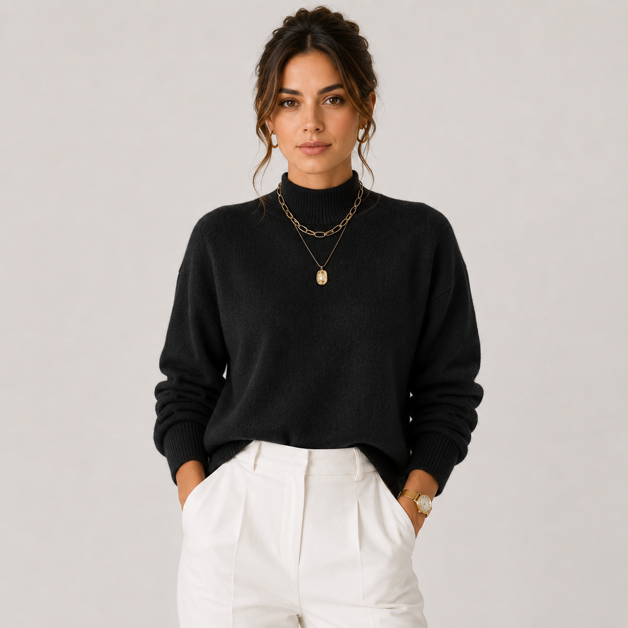 A woman wearing a black knit mock-neck sweater and white trousers, accessorized with layered gold necklaces and a gold watch, standing against a light gray studio background.