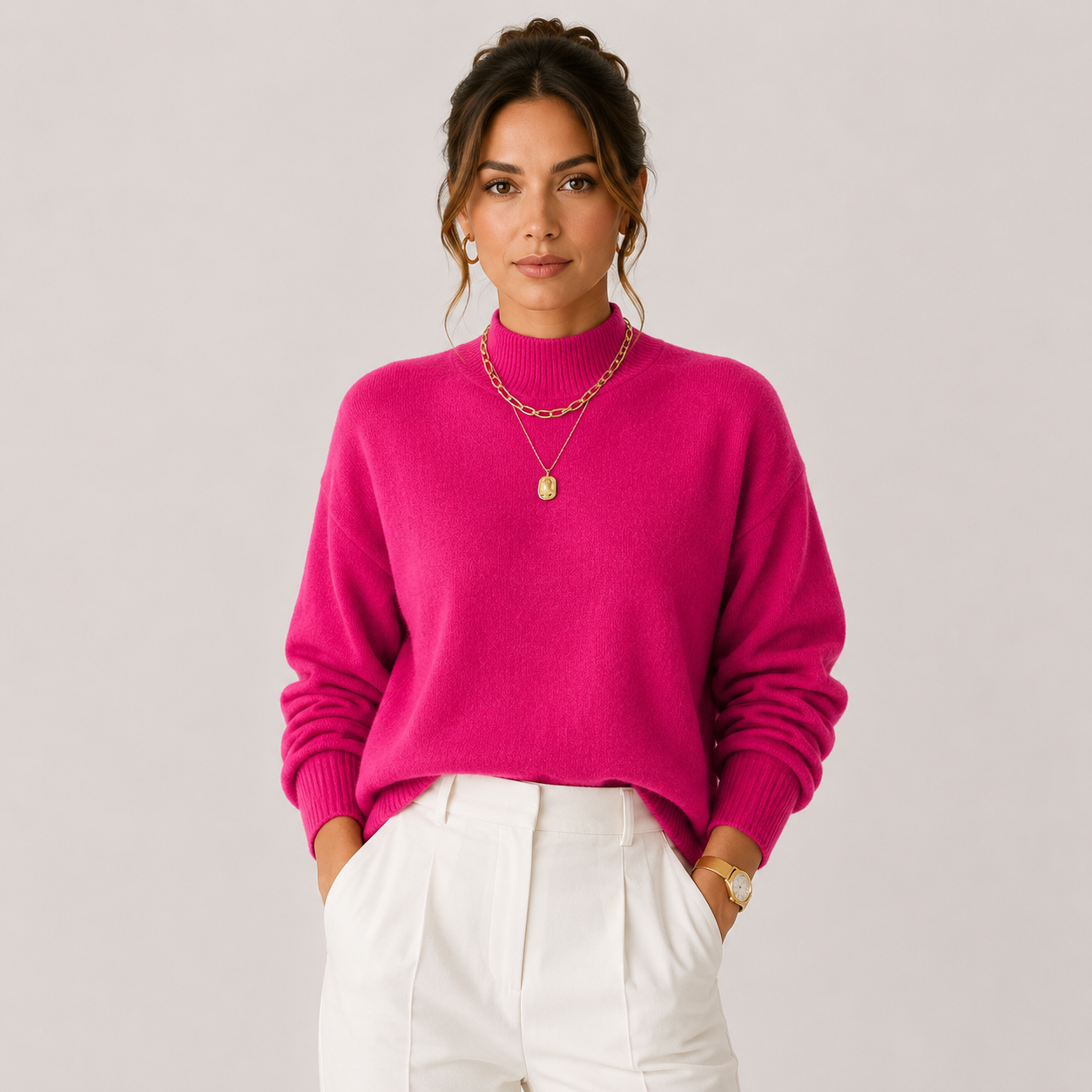 A woman modeling a bright magenta pink knit mock neck sweater with white trousers, standing against a solid light gray background.