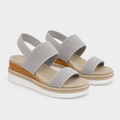 A pair of women's wedge sandals in light gray mesh fabric with a natural jute-wrapped wedge heel and a white outsole, shown against a light gray background.