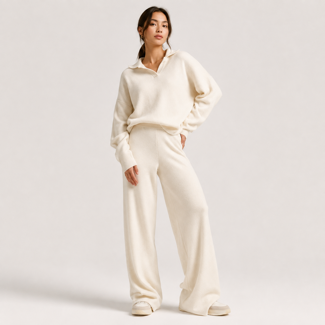 Women's Classic Two Piece Set Polo Sweater Wide Leg Pants