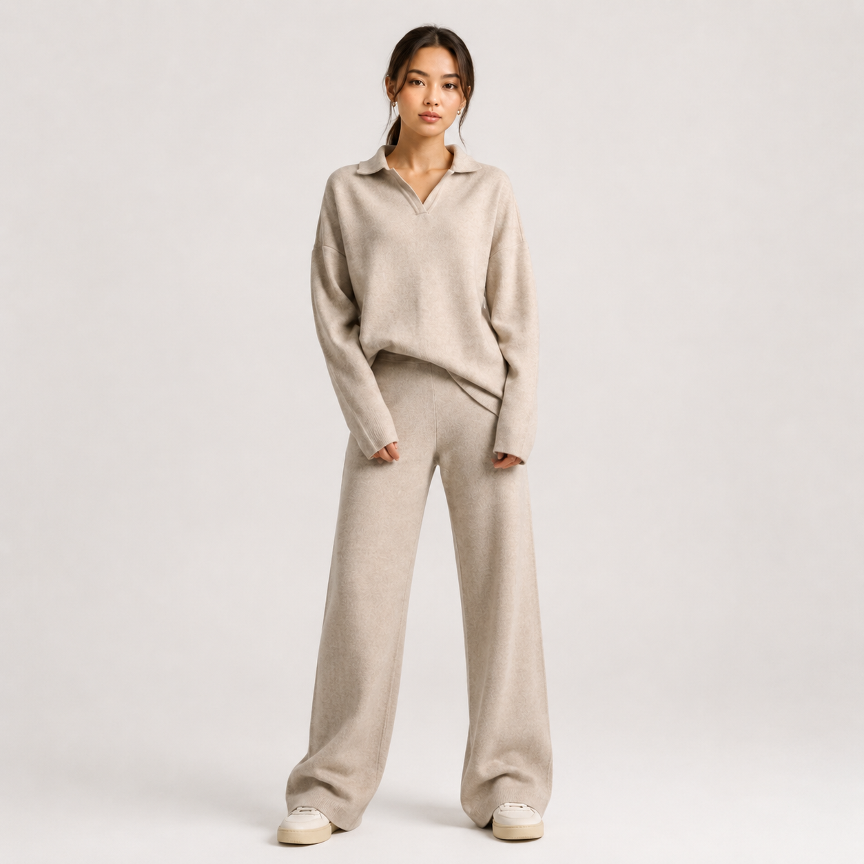 Women's Classic Two Piece Set Polo Sweater Wide Leg Pants