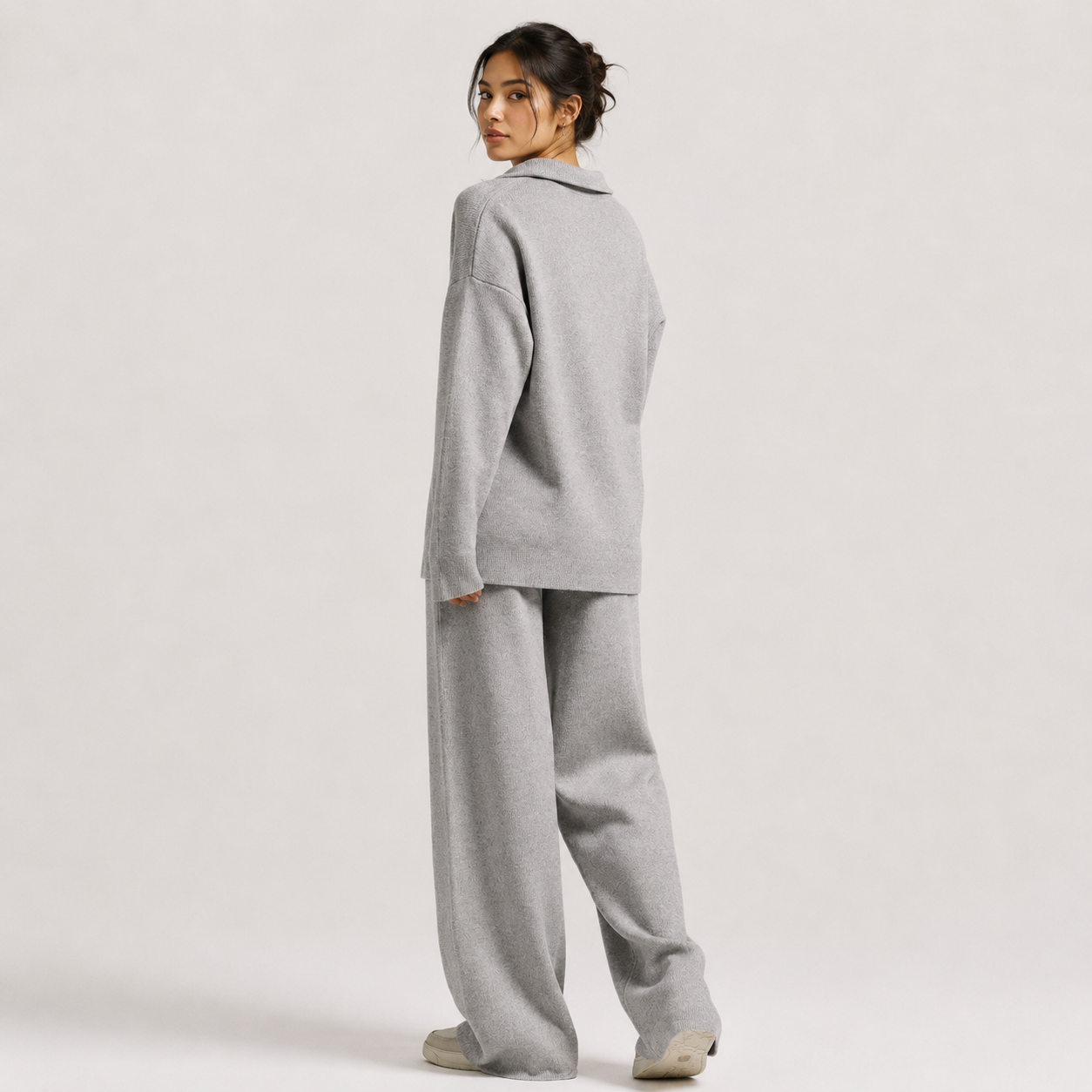 Women's Classic Two Piece Set Polo Sweater Wide Leg Pants