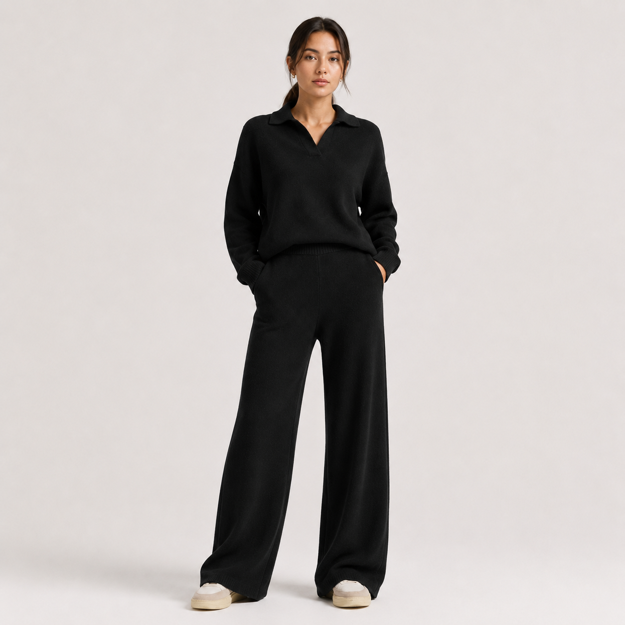 Women's Classic Two Piece Set Polo Sweater Wide Leg Pants
