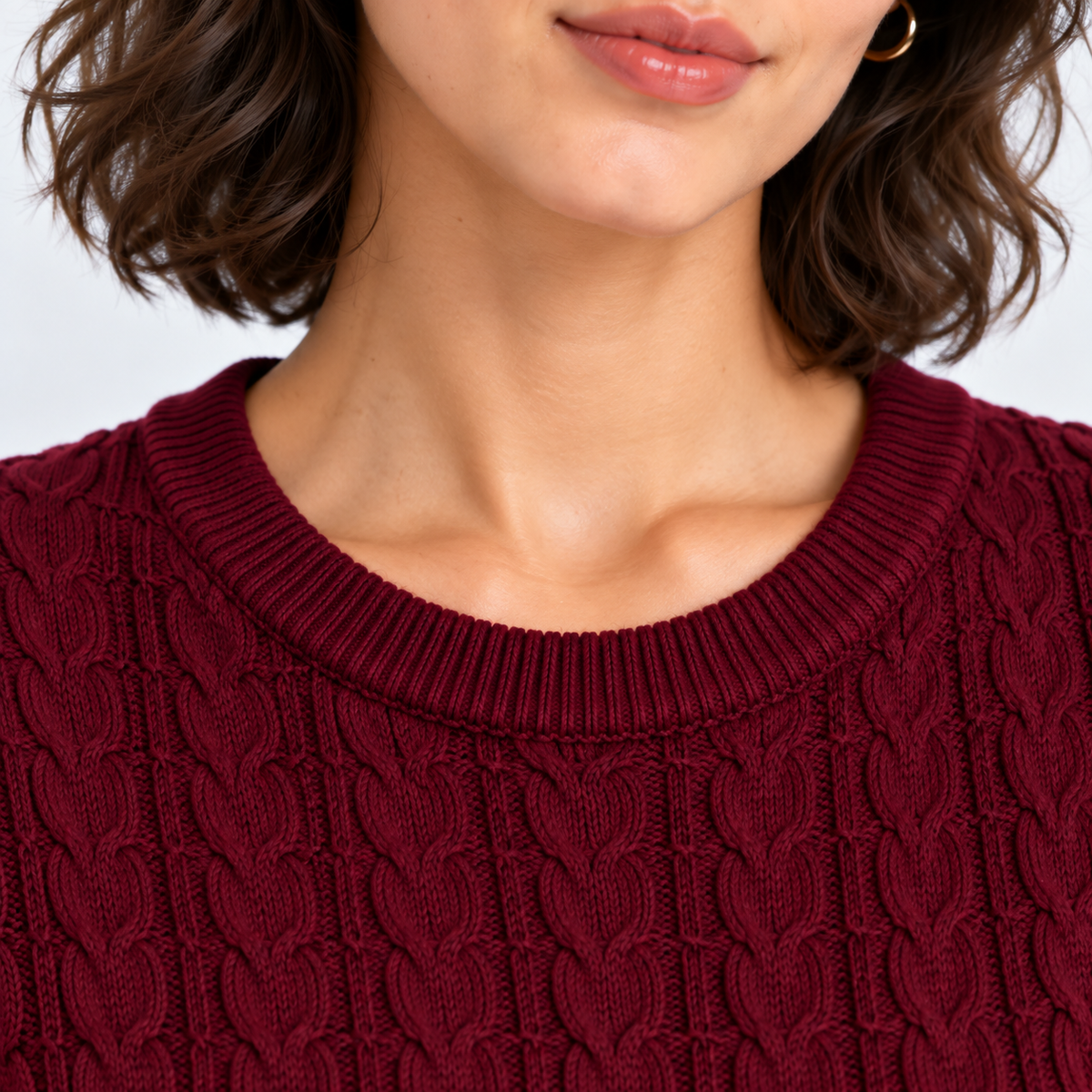 Close-up of a woman wearing a burgundy cable-knit crewneck sweater, showing the detailed knit texture and collar.