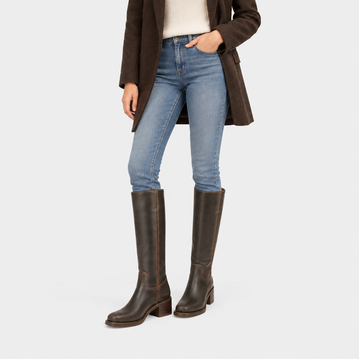 A model wearing blue skinny jeans, a brown coat, a cream sweater, and dark brown leather knee-high boots, shown from the waist down on a light gray background.