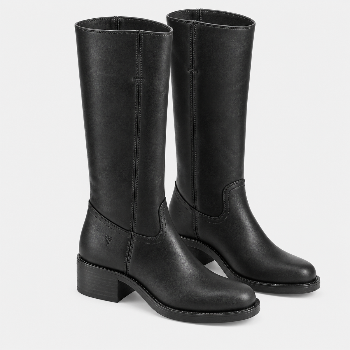 A pair of black leather knee-high boots with low block heels, shown from the side and back on a light gray background.