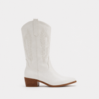 A white leather cowboy boot with decorative stitching on the shaft and a brown stacked block heel, shown in profile against a light gray background.