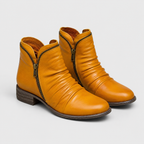 A pair of mustard yellow leather ankle boots with a side zipper, shown on a light gray background.
