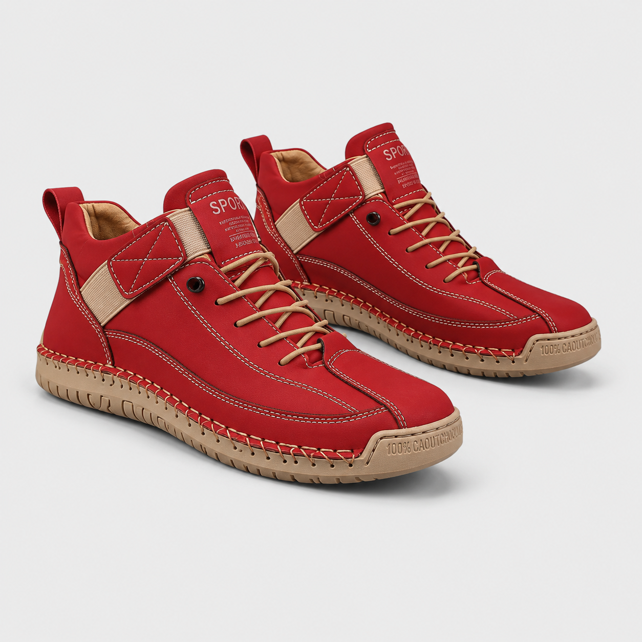 A pair of red mid-top sneakers with beige laces, beige contrast stitching, and beige soles, displayed on a light gray background.