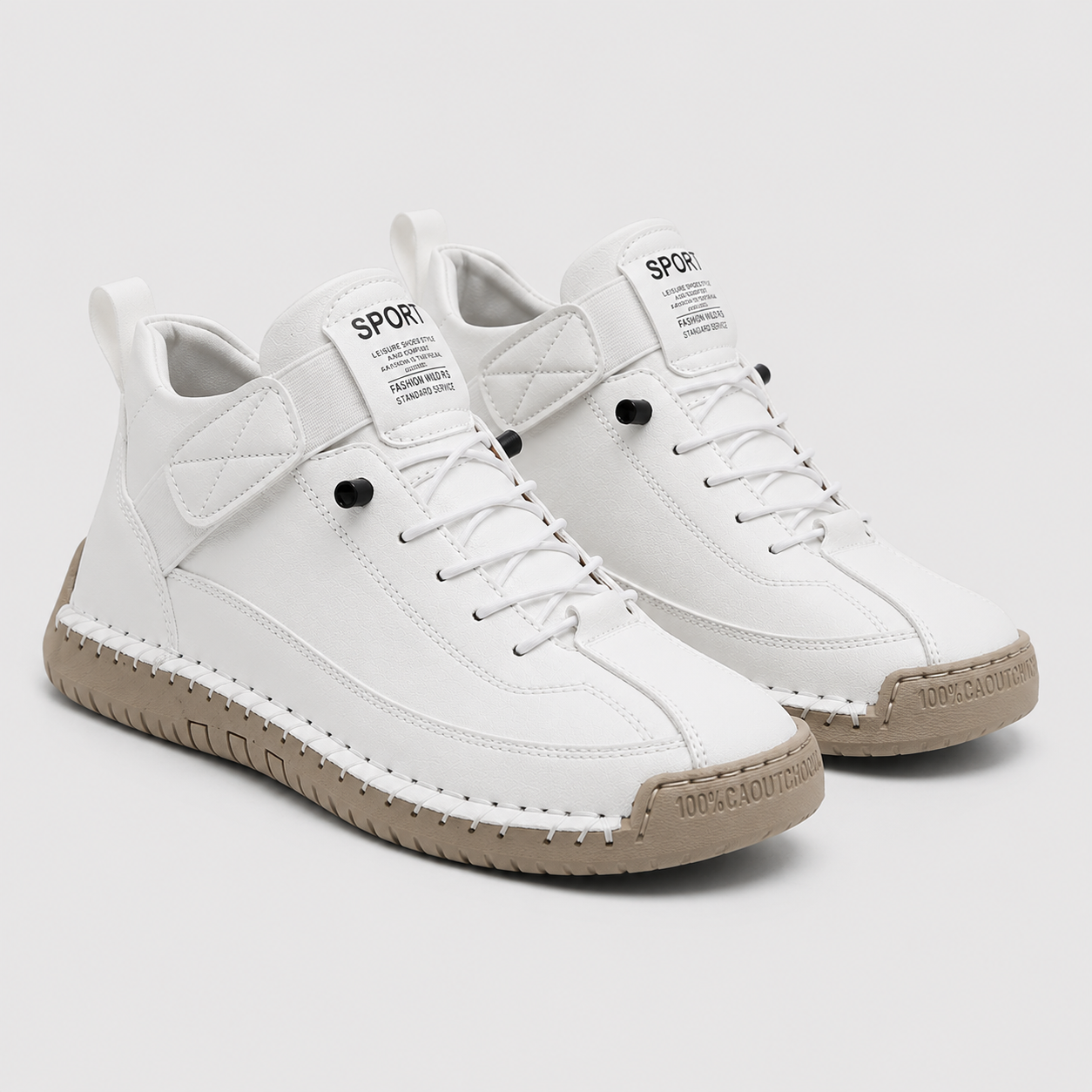A pair of white high-top sneakers with beige soles and black accents, shown on a light gray background.