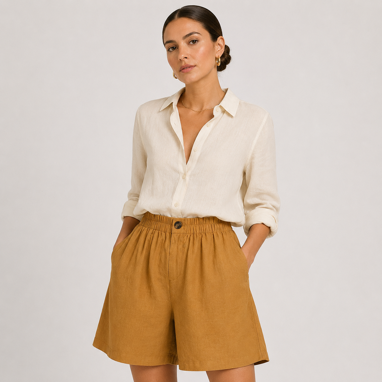 A woman modeling a cream linen button-down shirt and mustard yellow linen shorts against a light gray studio background.