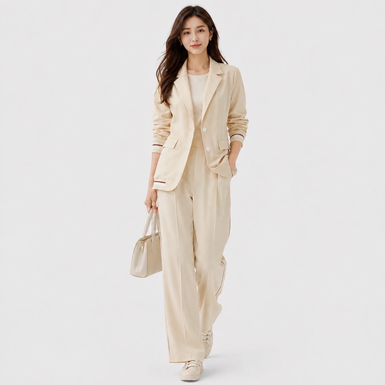 A woman modeling a light beige two-piece suit consisting of a blazer and wide-leg trousers, paired with a white top, beige sneakers, and a matching beige handbag against a light gray studio background.