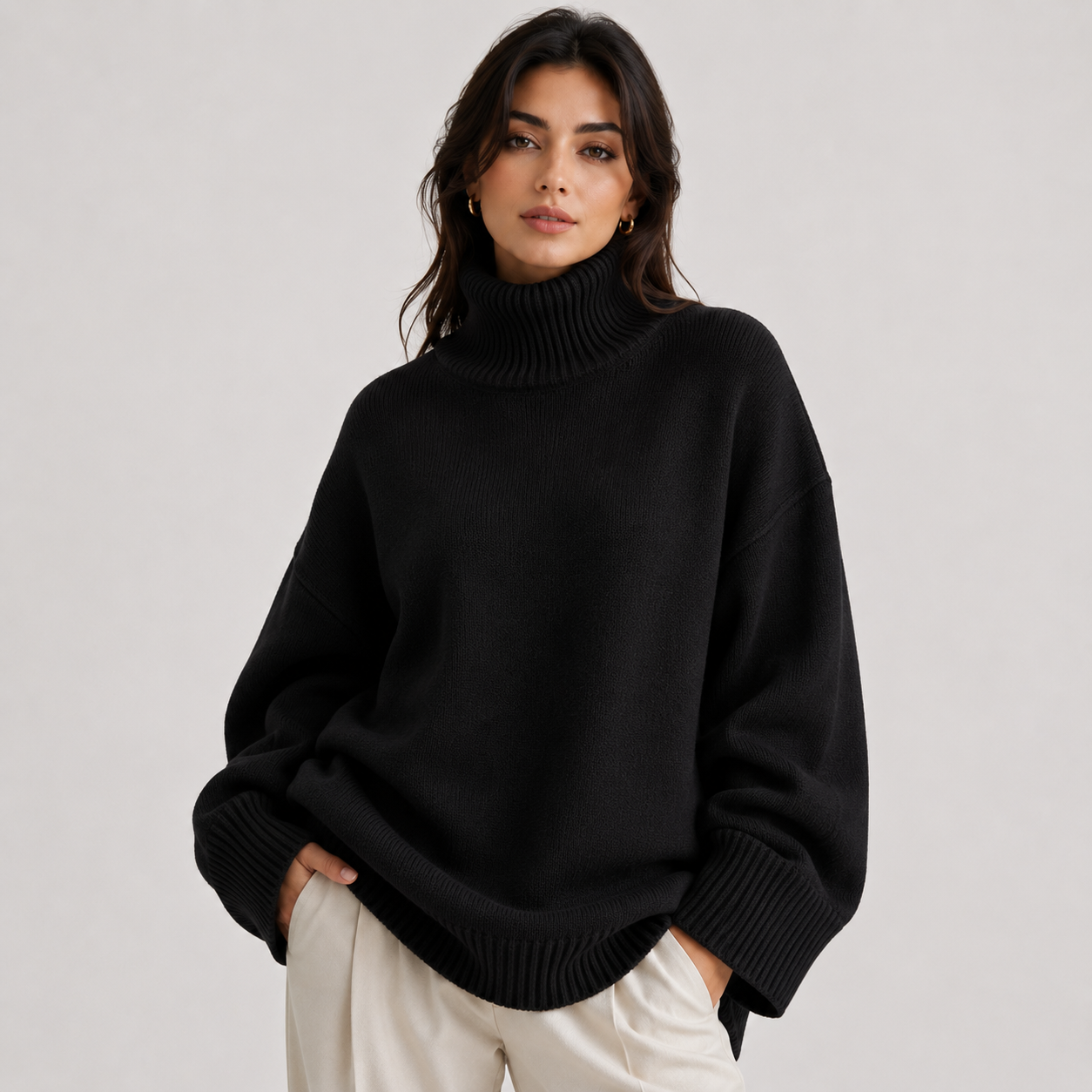 A woman wearing an oversized black ribbed turtleneck sweater and cream-colored pants, standing against a plain light gray studio background.