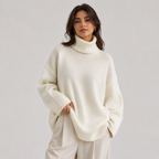 A woman wearing an oversized cream-colored knit turtleneck sweater and matching cream trousers, photographed against a plain light gray studio background.