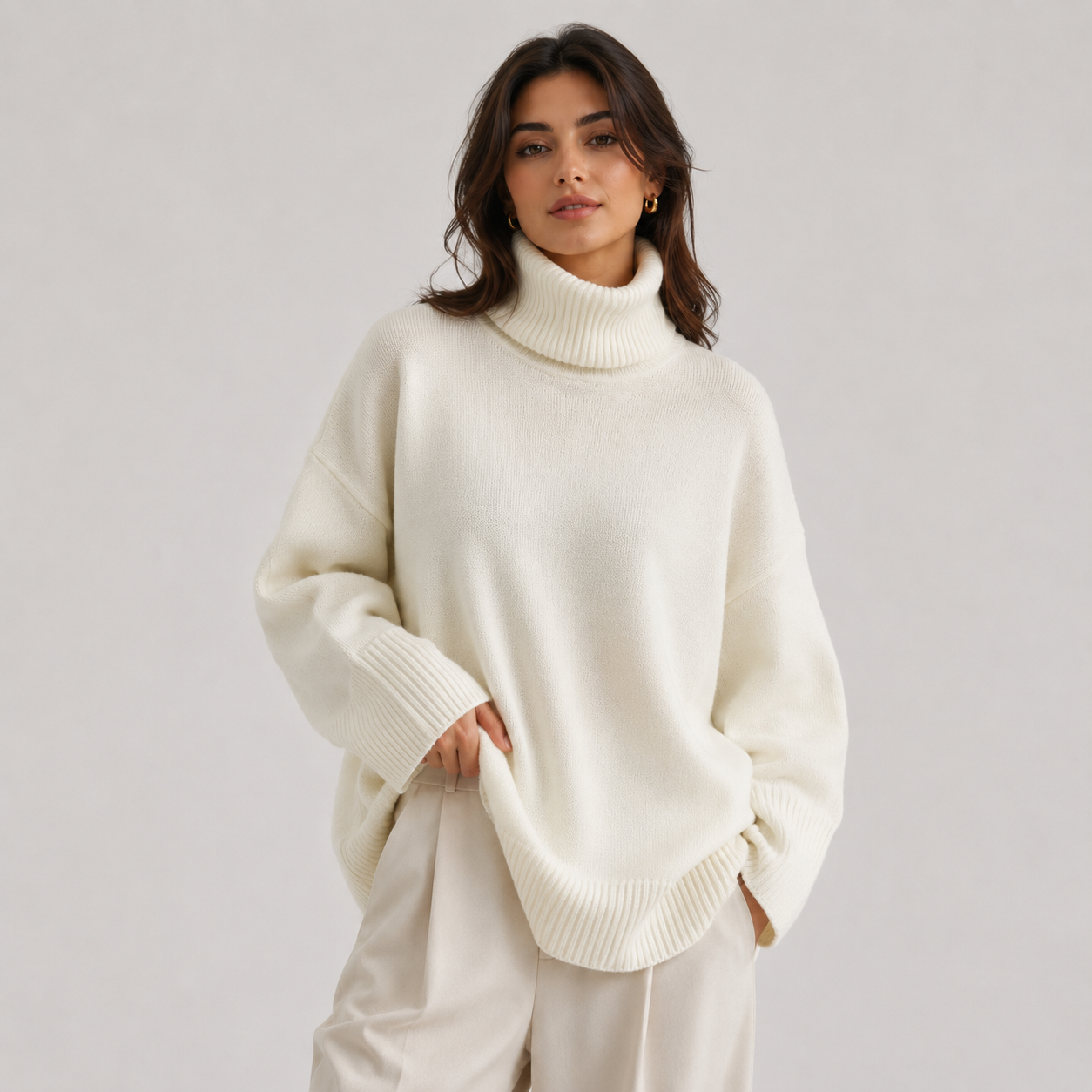 A woman wearing an oversized cream-colored knit turtleneck sweater and matching cream trousers, photographed against a plain light gray studio background.