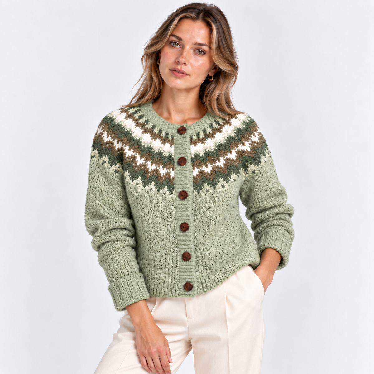 A woman wearing a sage green knit cardigan with a brown and cream Fair Isle pattern across the chest and sleeves, paired with cream trousers, against a light gray studio background.