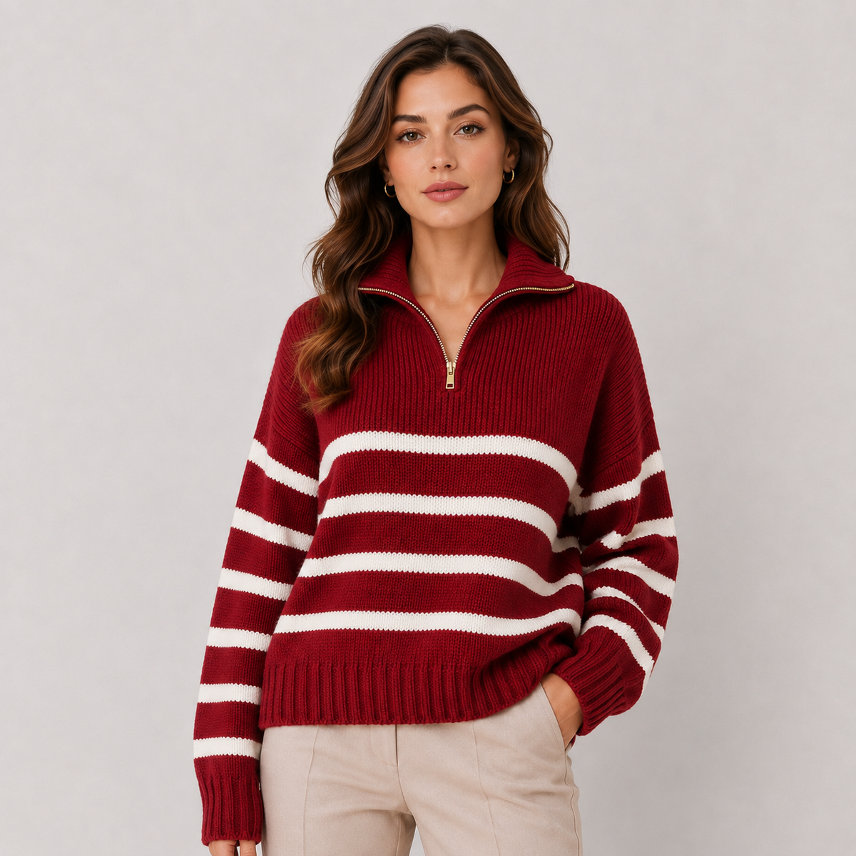 Women’s Striped Sweater Half Zip Turtleneck Relaxed Fit
