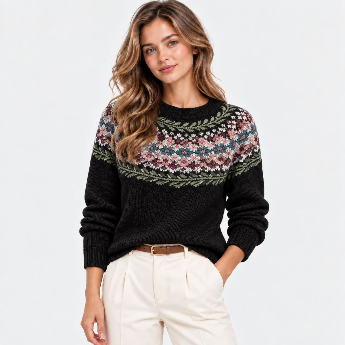 A woman modeling a black knit sweater with a colorful Fair Isle yoke pattern in pink, teal, and green, paired with cream trousers, against a plain white studio background.