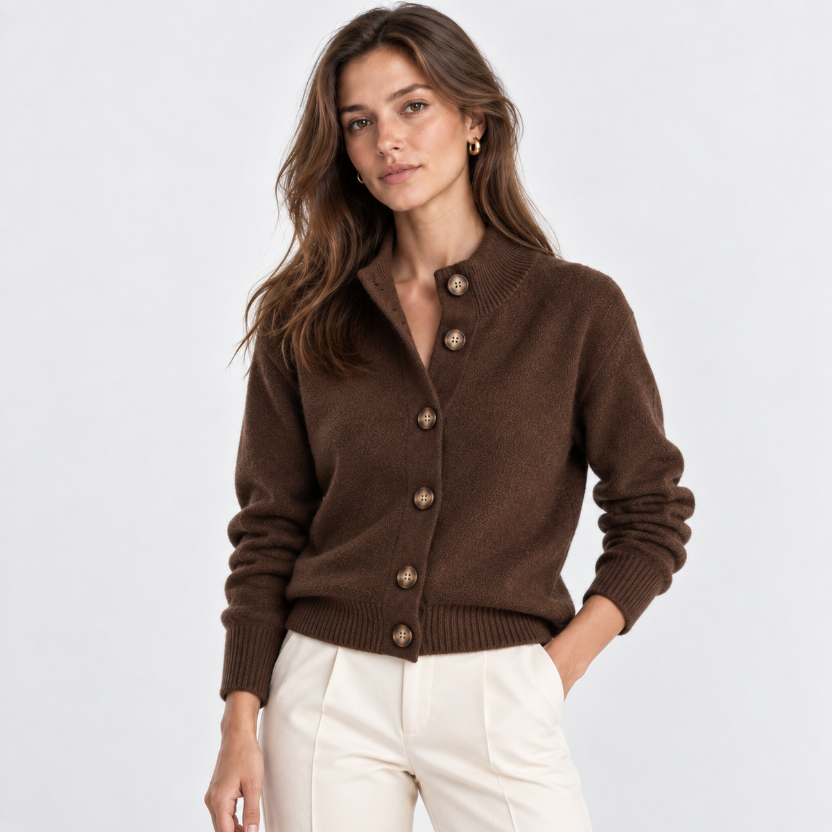 A woman wearing a brown knit cardigan with decorative buttons and cream pants, photographed against a clean light gray studio background.