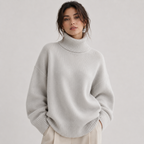 A woman wearing an oversized light gray turtleneck sweater and cream pants, standing against a plain light gray studio background.