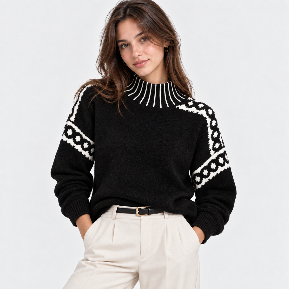 A woman wearing a black knit sweater with white geometric patterns on the shoulders and collar, paired with cream trousers, against a light gray studio background.