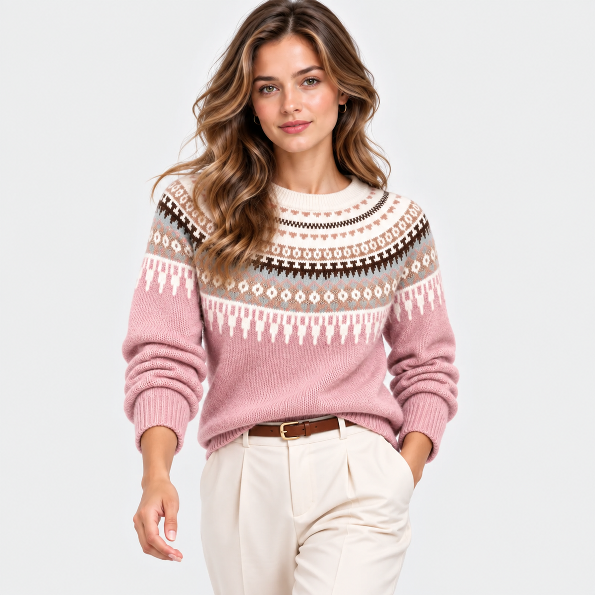 A woman modeling a pink Fair Isle knit sweater with cream, brown, and gray patterns across the chest and shoulders, paired with cream trousers, against a light gray studio background.