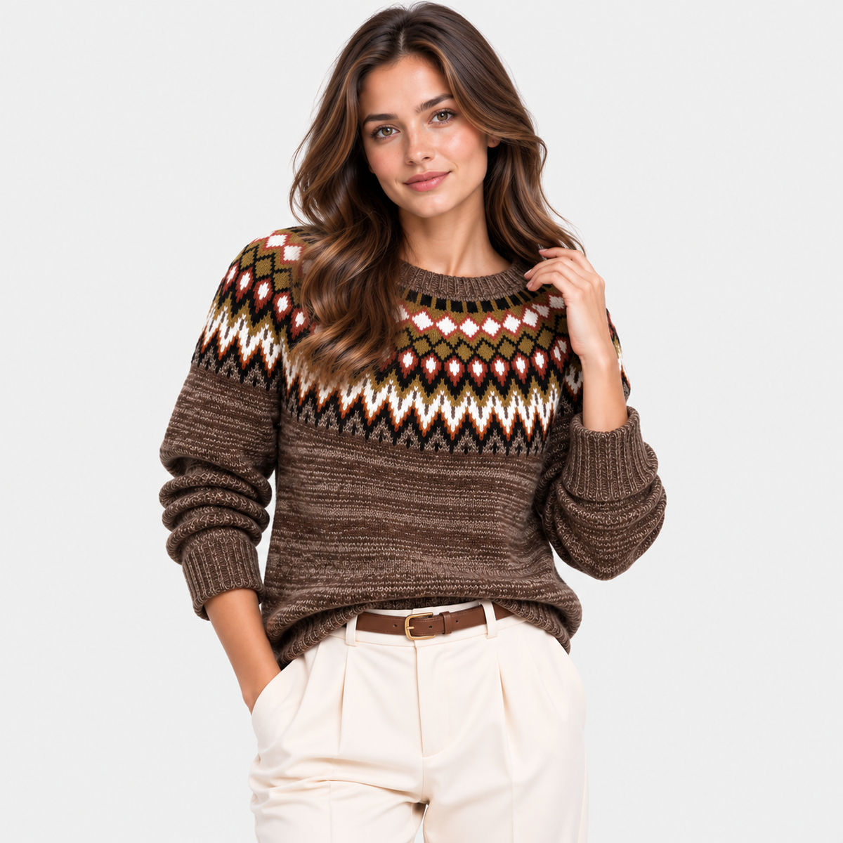 A woman modeling a brown knit sweater with a colorful geometric Fair Isle pattern across the chest and shoulders, paired with cream trousers, against a light gray studio background.