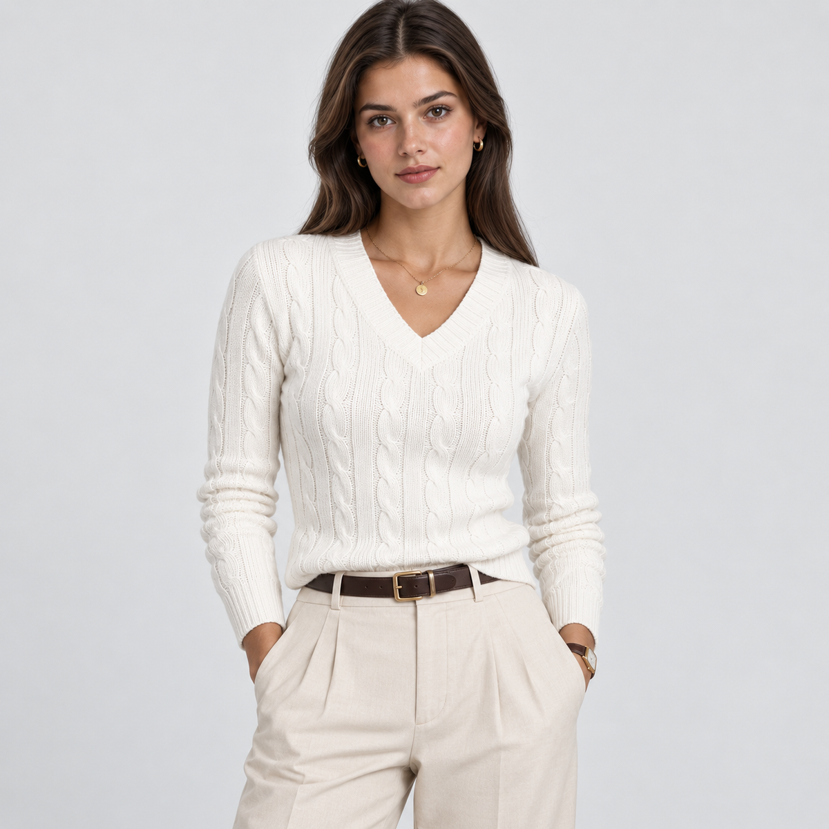 Women's Cable Knit Sweater – V-Neck Pullover