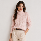 A woman wearing a light pink cable-knit turtleneck sweater and beige trousers, standing against a plain light gray studio background.