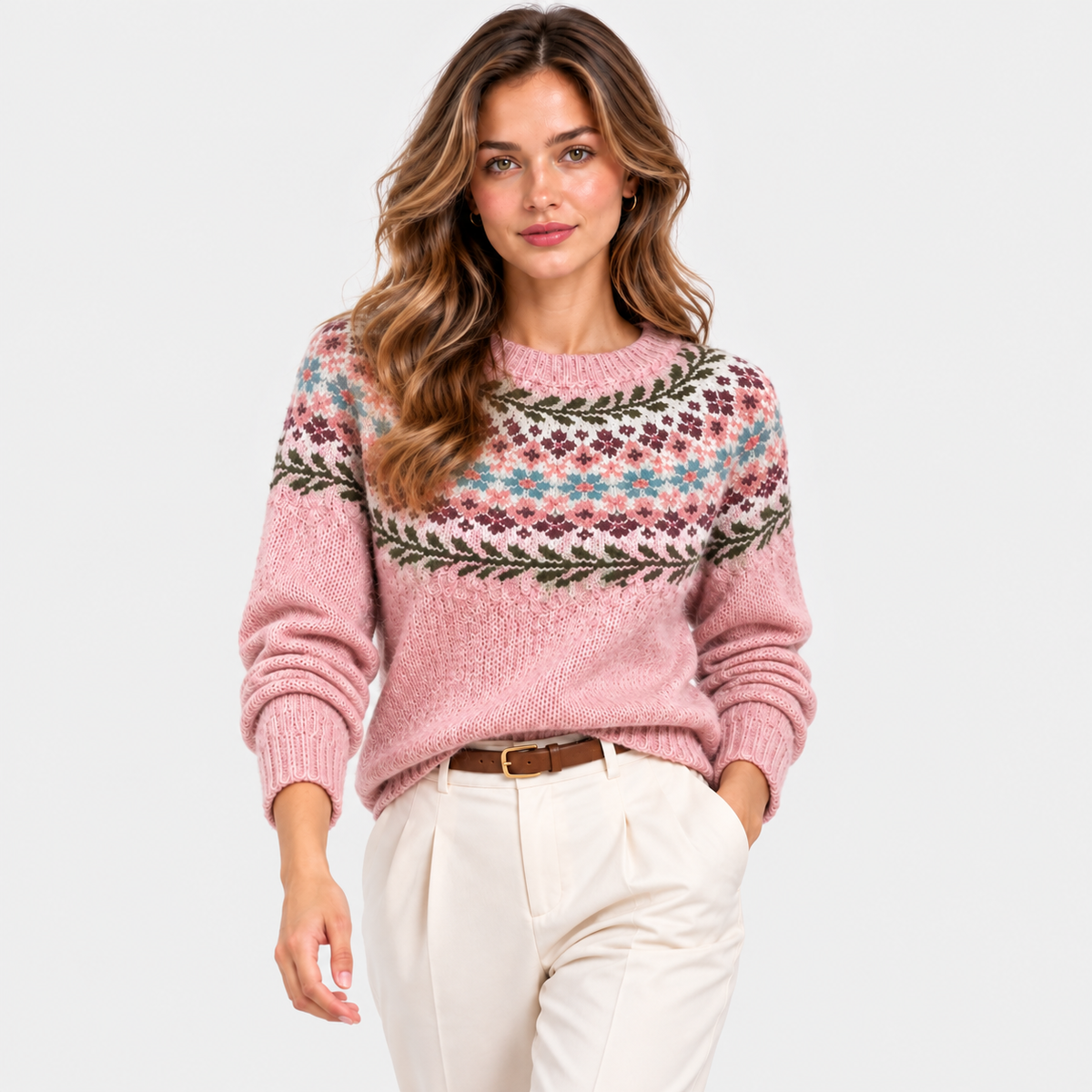 A woman modeling a pink knit sweater with a colorful Fair Isle pattern across the chest, paired with cream trousers, against a light gray studio background.