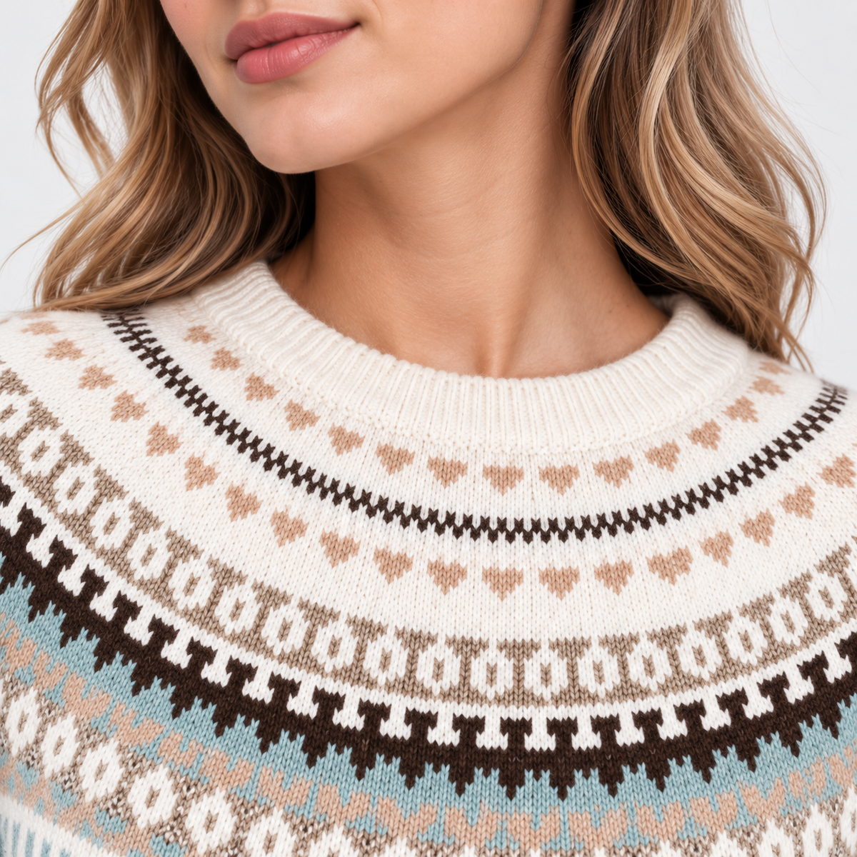 Close-up of a woman wearing a cream knit sweater with a Fair Isle pattern in brown, beige, and light blue.